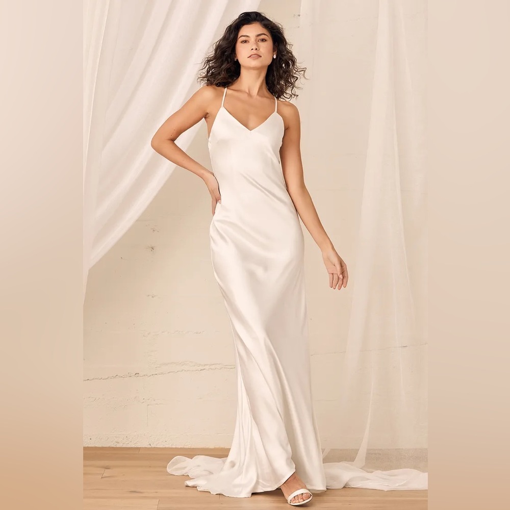 Lulus Always My Love White Satin V-neck Maxi Dress (Bridal)